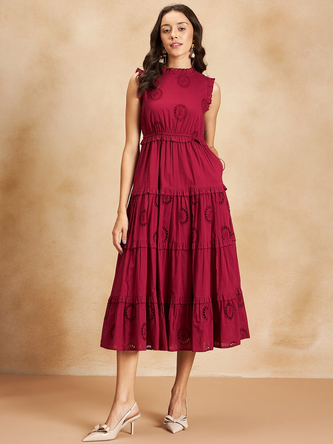 

Femella Self Design Round Neck Ruffles Tiered Pure Cotton Fit & Flare Dress, Red