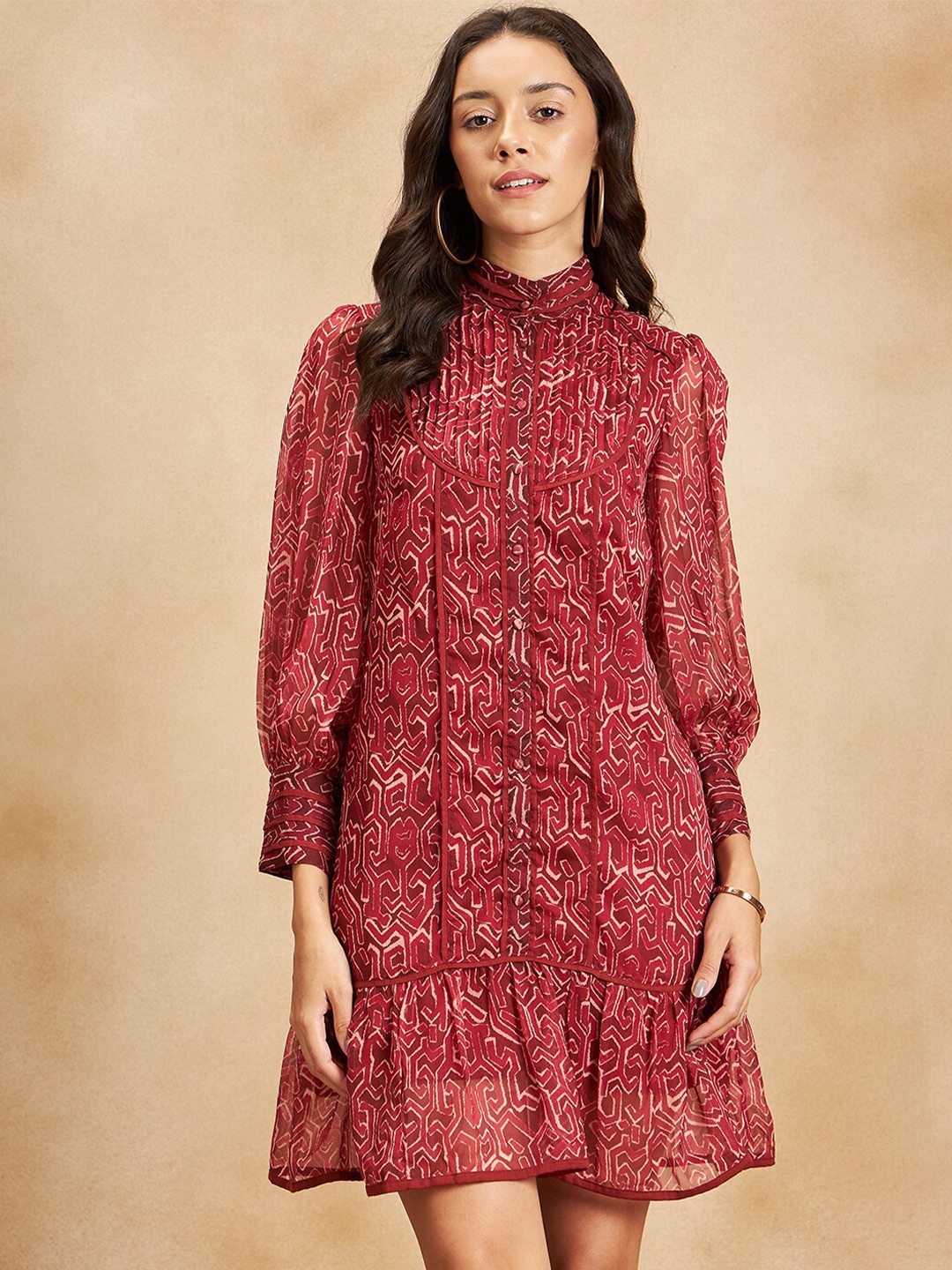 

Femella Geometric Printed Mock Neck Cuffed Sleeve Pleated Drop Waist Dress, Red