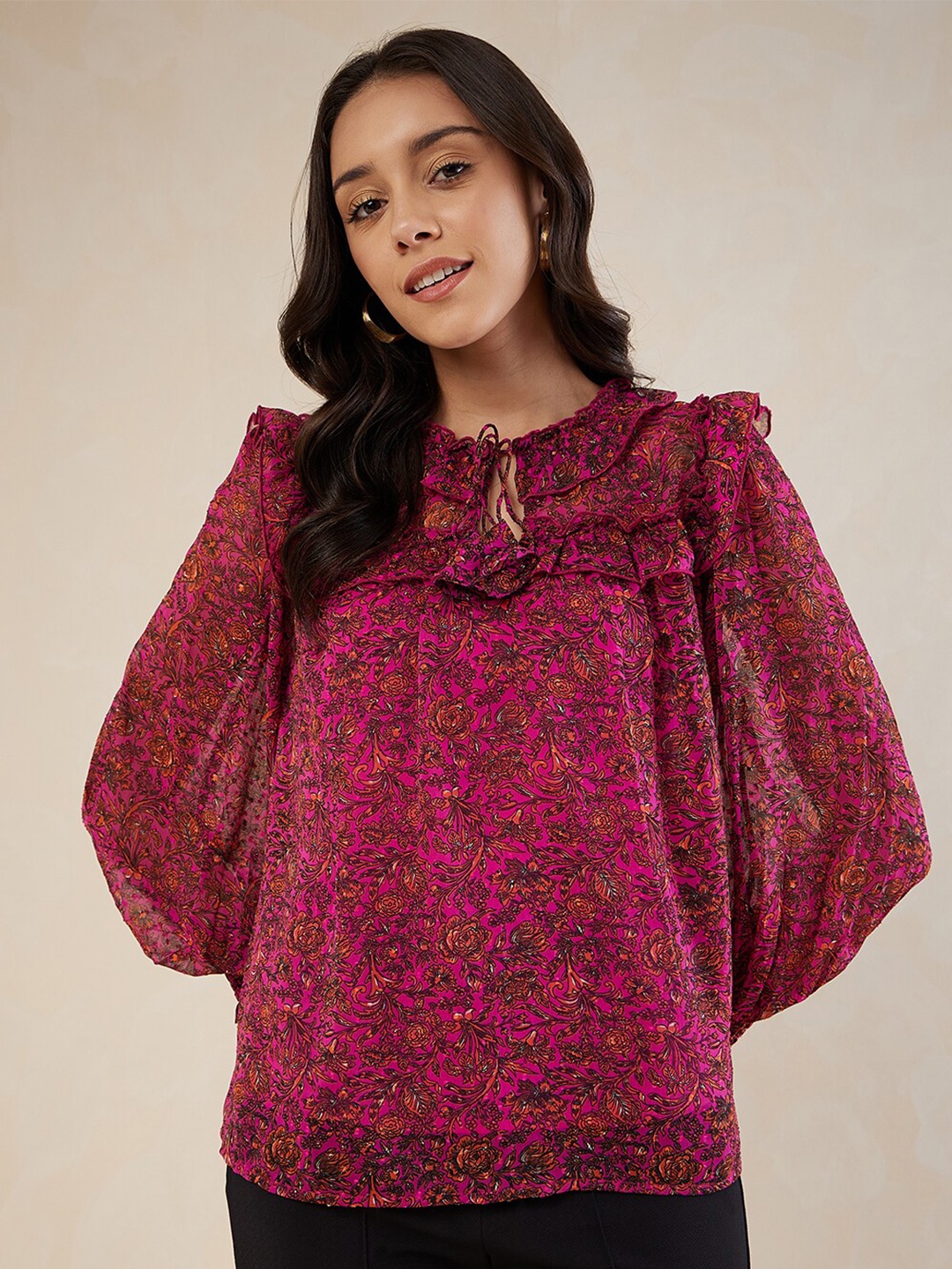 

Femella Floral Printed Tie-Up Neck Puff Sleeves Ruffles Chiffon Top, Pink