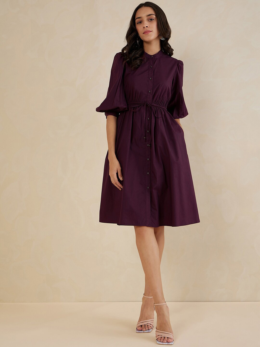 

Femella Band Collar Puff Sleeves Gathered Cotton Shirt Dress, Maroon