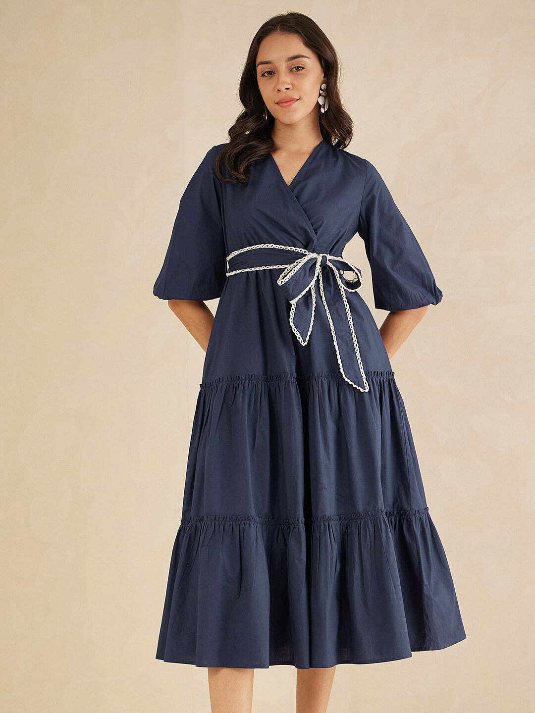 

Femella V-Neck Flared Sleeves Gathered Tiered Cotton Wrap Midi Dress, Navy blue