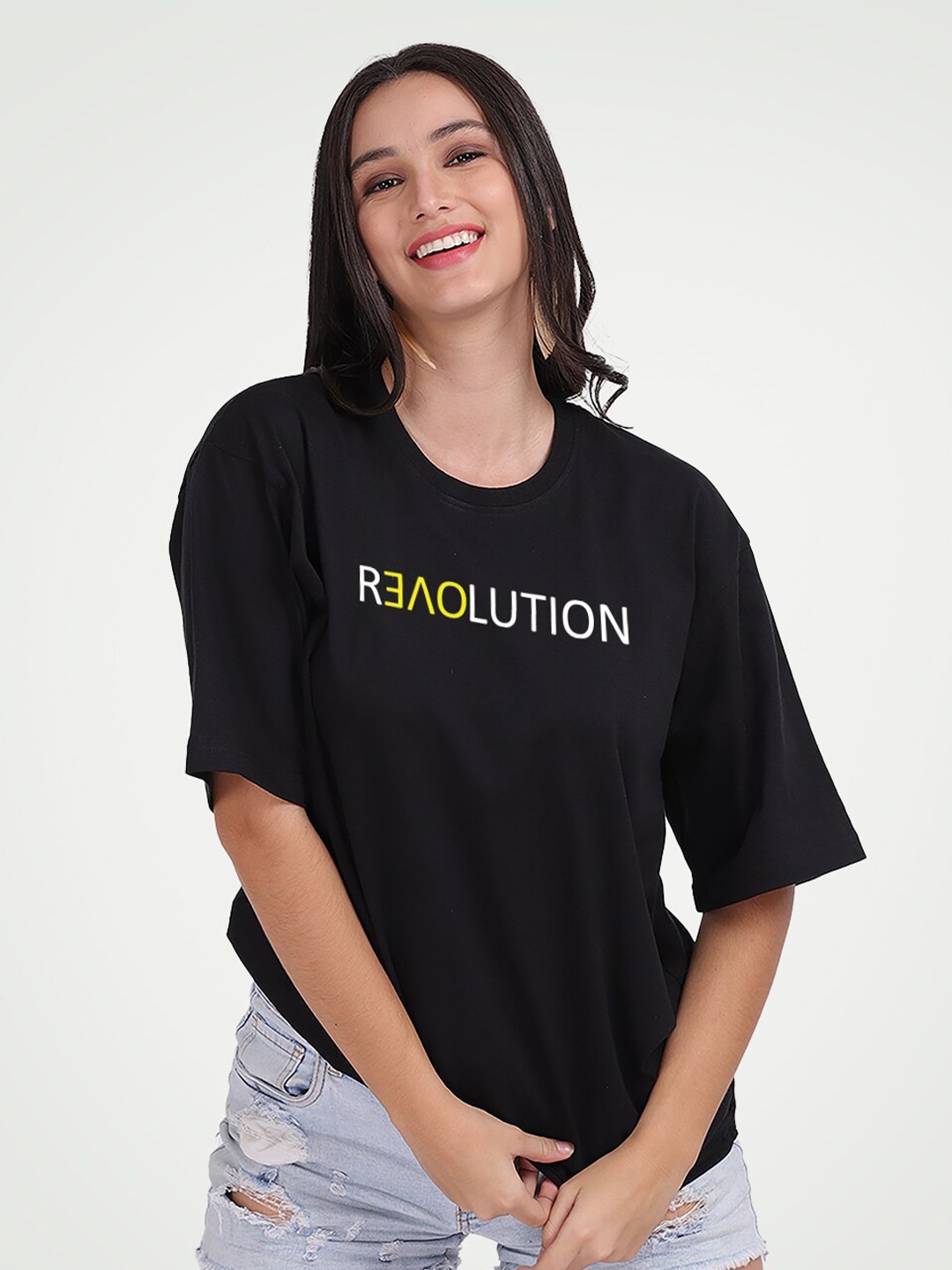 Mad Over Print Typography Printed Cotton Oversized T-shirt, Black