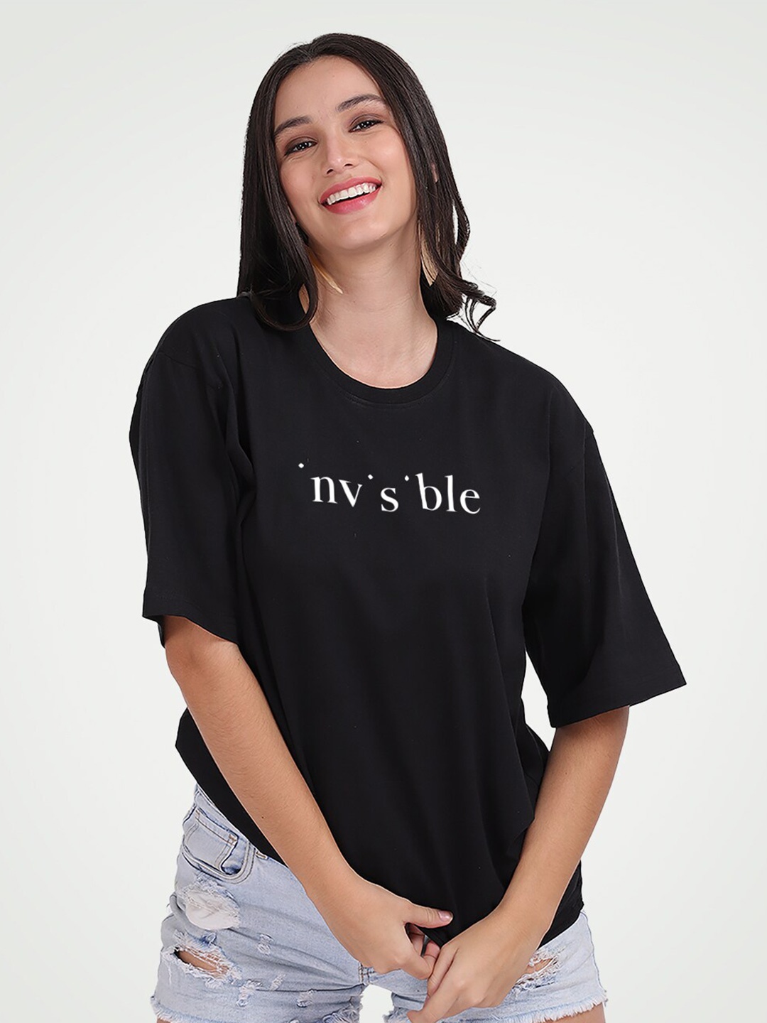 Mad Over Print Typography Printed Cotton Oversized T-shirt, Black