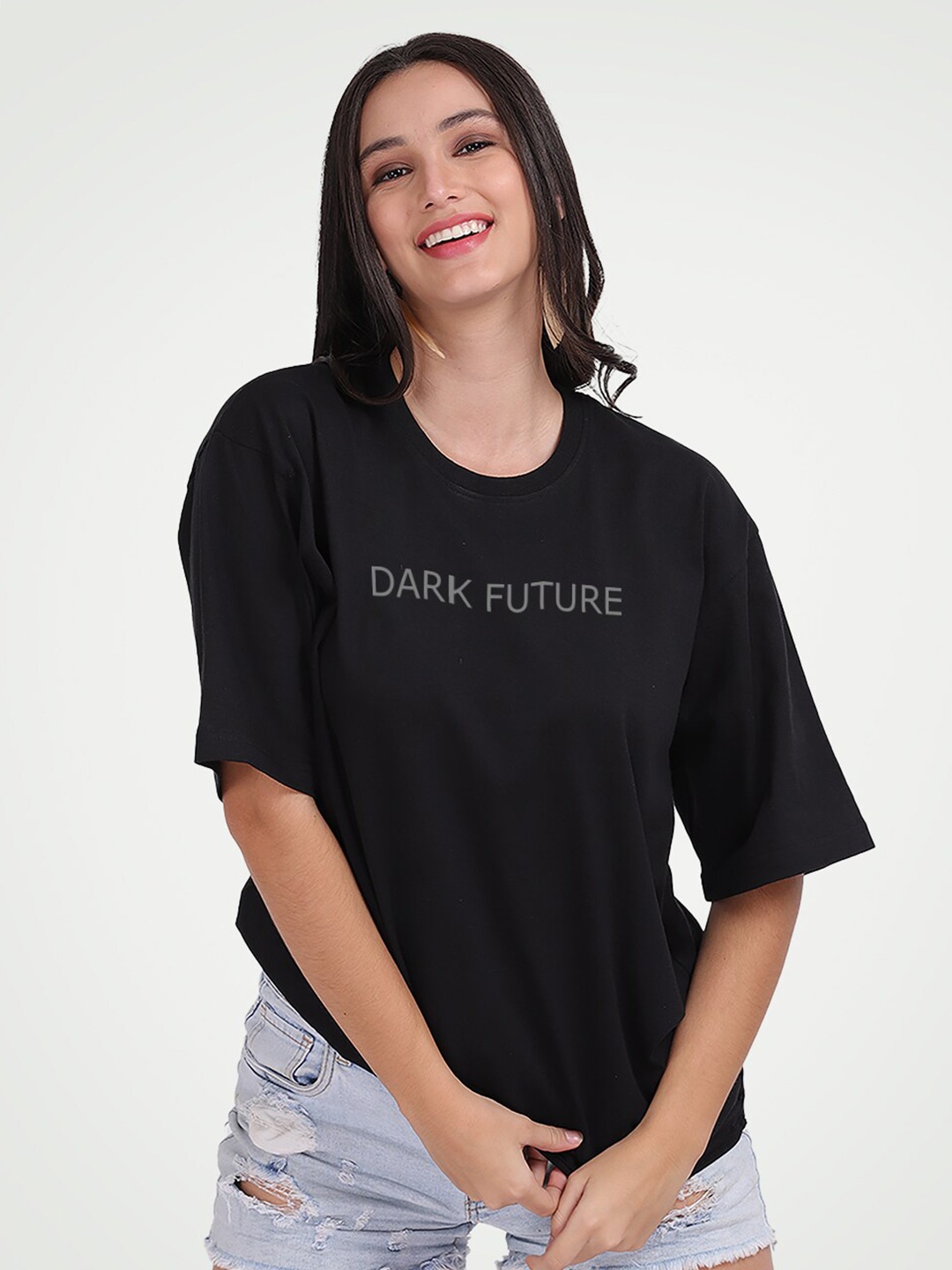 Mad Over Print Typography Printed Cotton Oversized T-shirt, Black