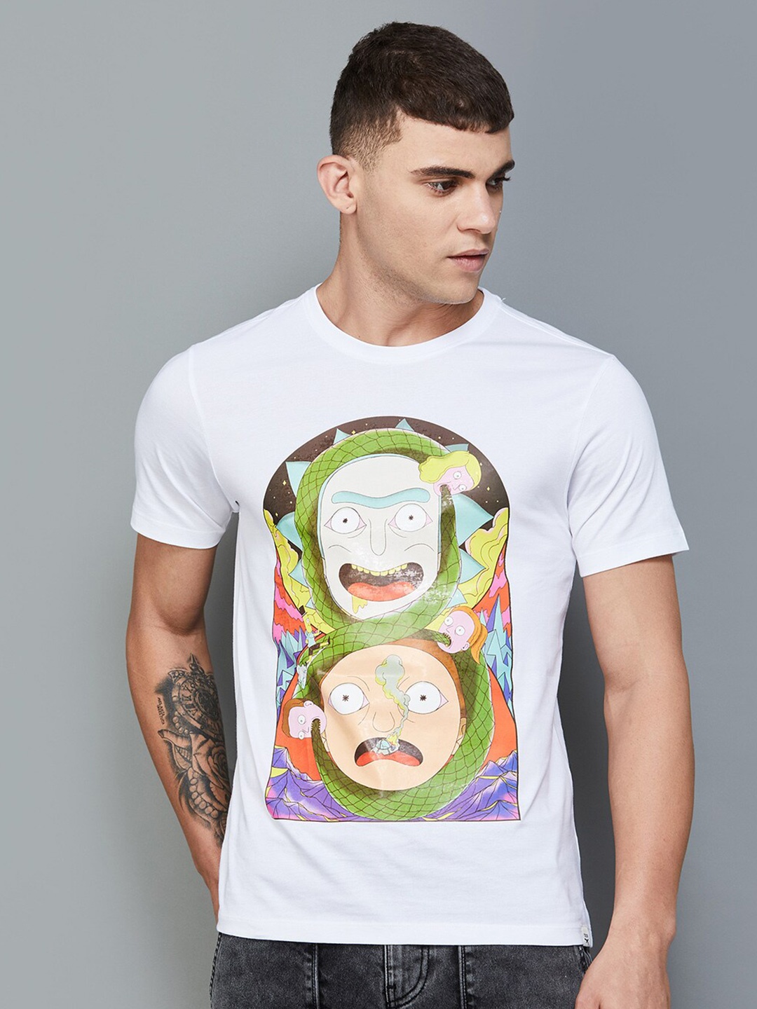 

Forca by Lifestyle Ricky Morty Printed Cotton Slim Fit T-shirt, White