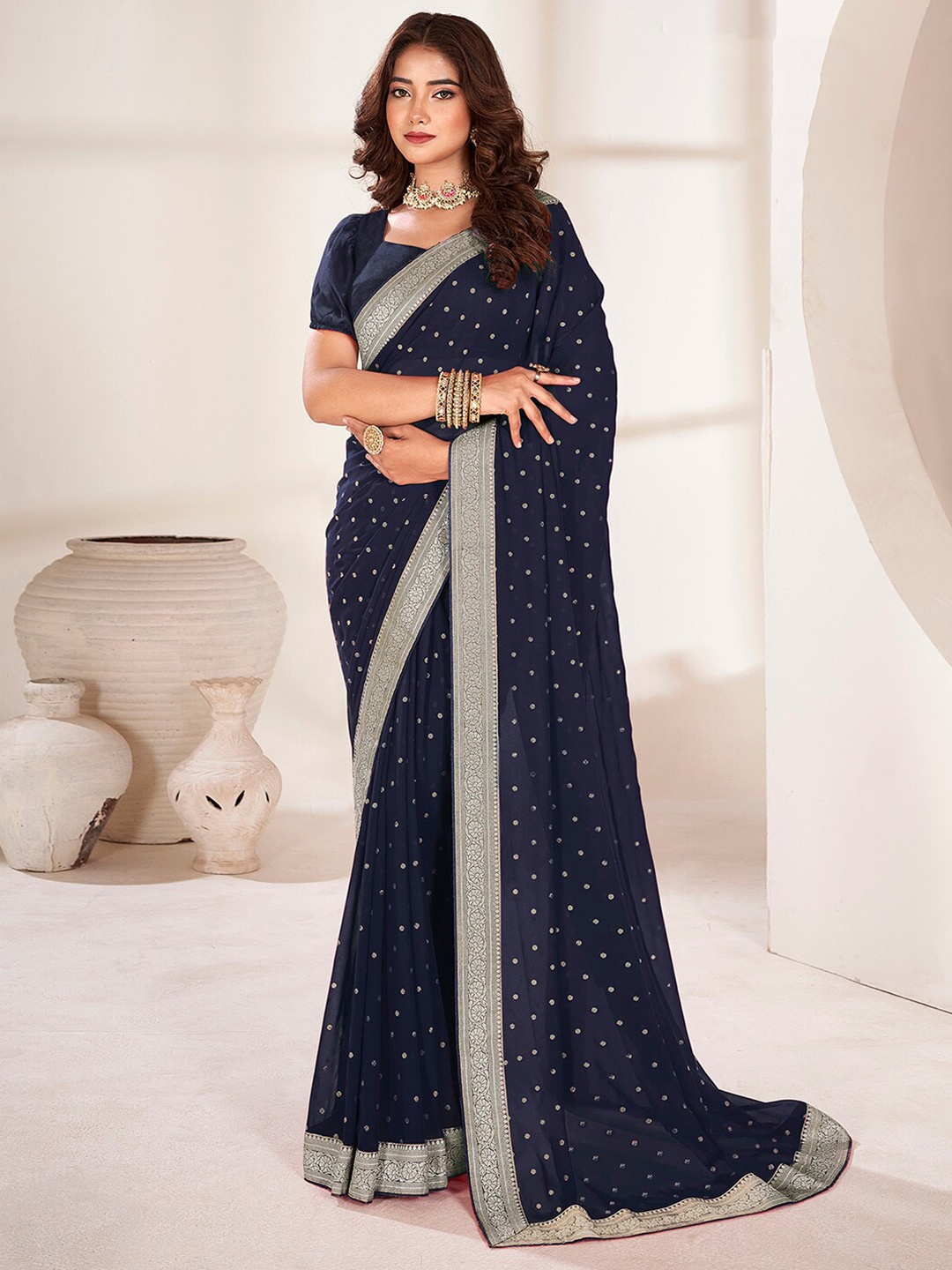 

Anouk Navy Polka Dot Printed Zari Pure Georgette Saree, Navy blue