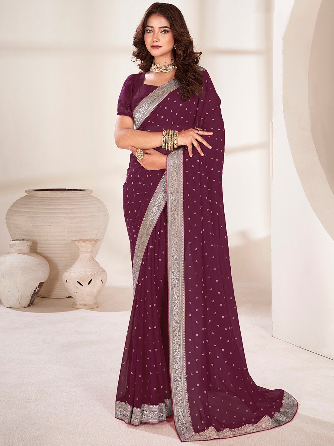 

Anouk Purple & Gold-Toned Polka Dot Printed Zari Pure Georgette Saree