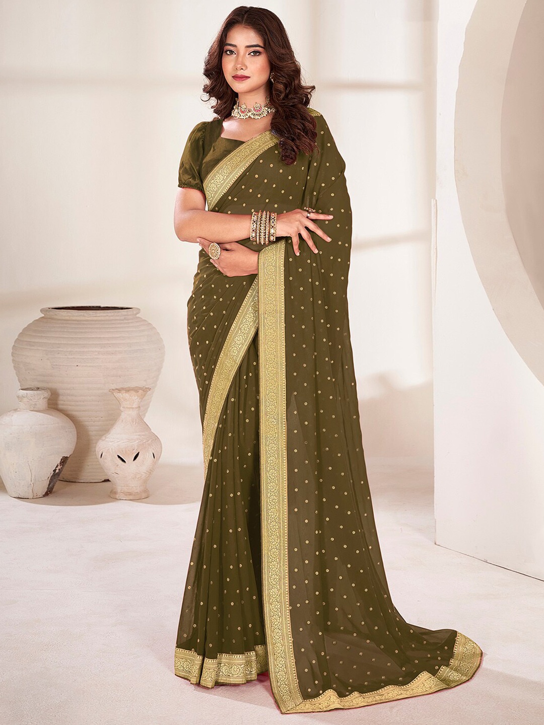 

Anouk Olive Green Polka Dot Printed Zari Pure Georgette Saree