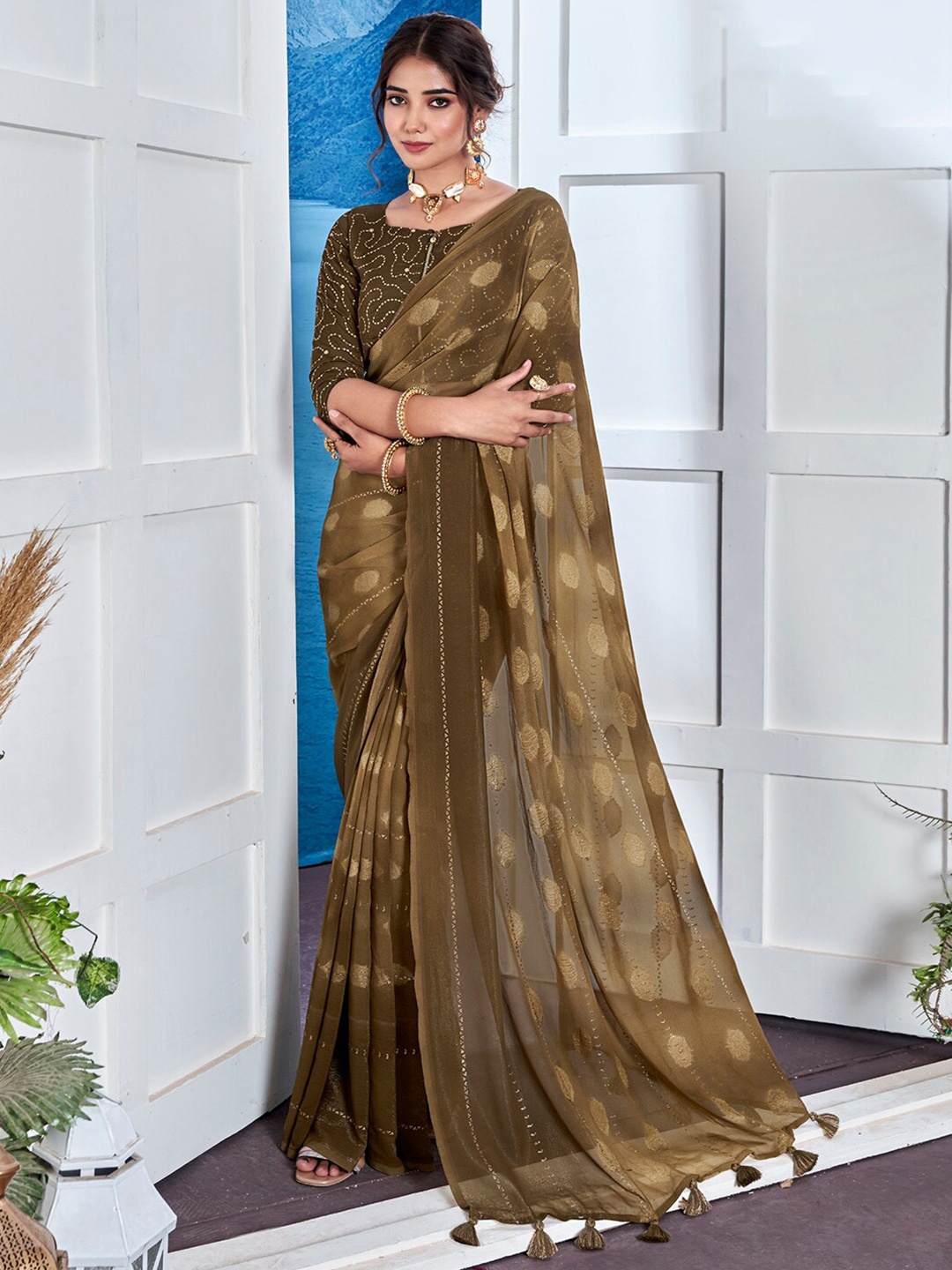 

Anouk Abstract Printed Pure Georgette Saree, Olive