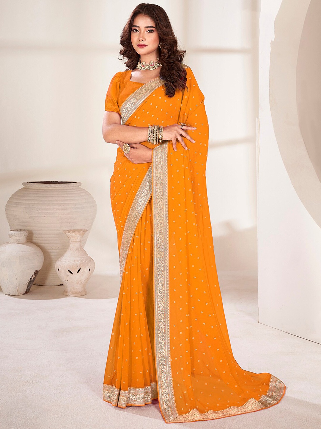 

Anouk Yellow & Gold-Toned Polka Dot Printed Zari Pure Georgette Saree