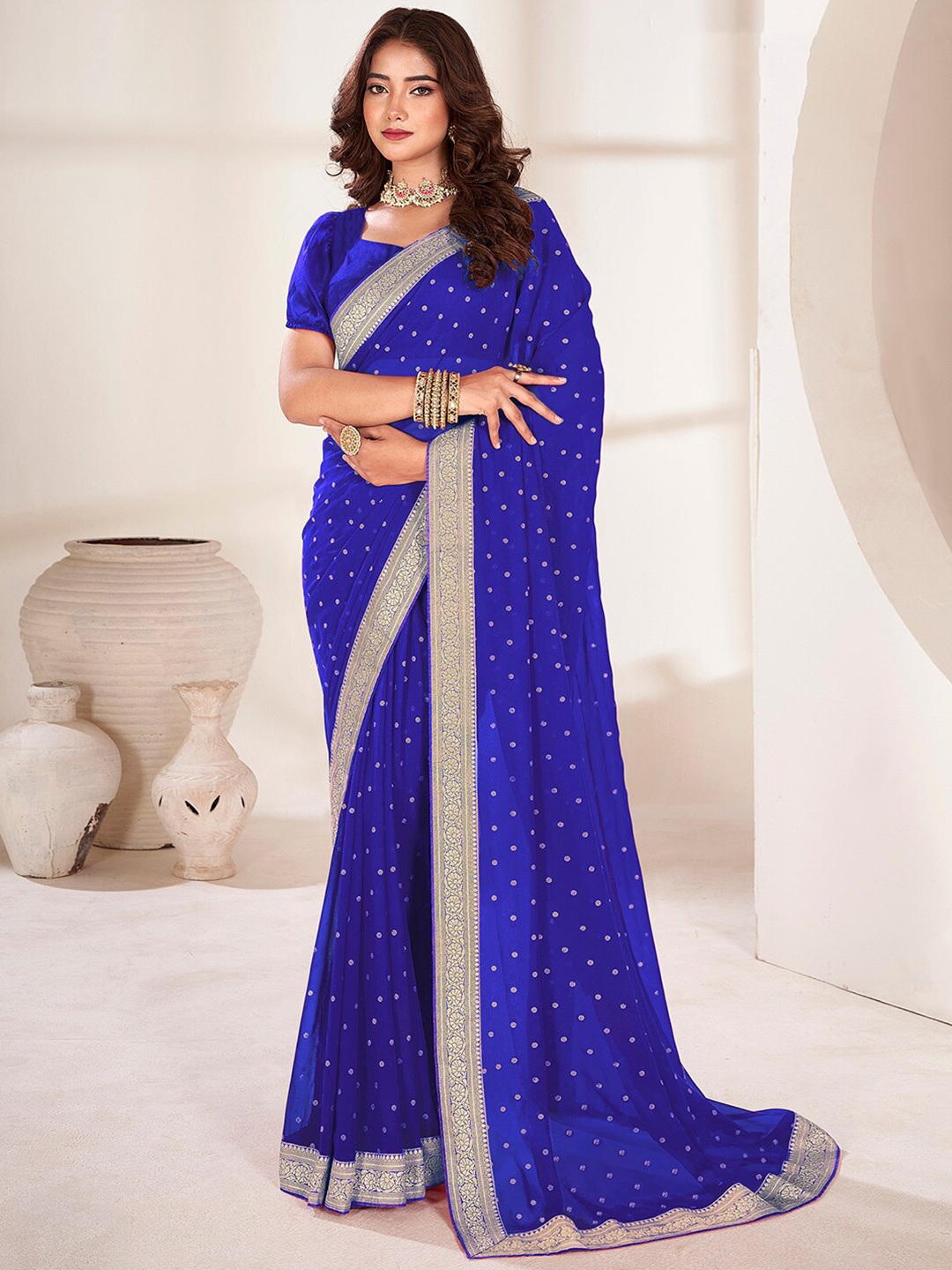 

Anouk Polka Dot Printed Zari Pure Georgette Saree, Blue
