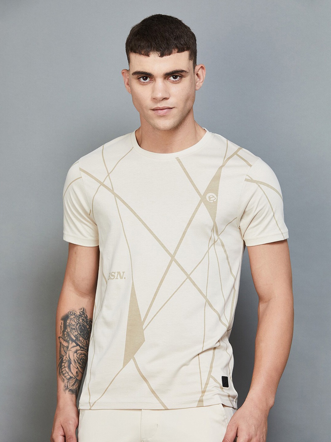 

Bossini Geometric Printed Round Neck Cotton Casual T-shirt, Off white