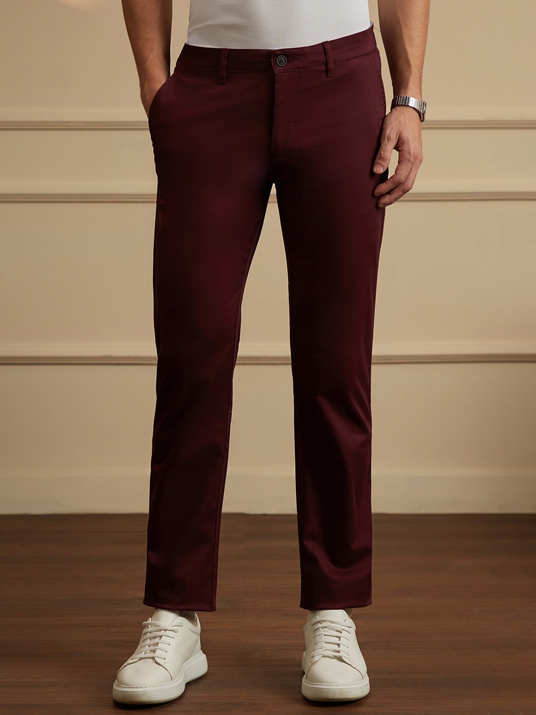 

Peter England Casuals Men Slim Fit Cotton Rich Cricket Inspired Casual Trousers, Maroon