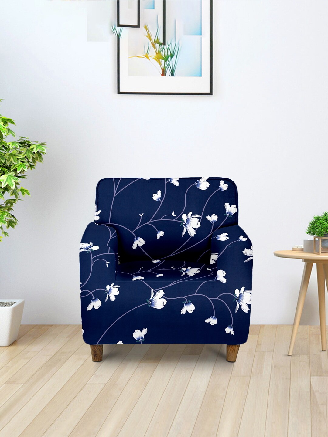 

Cortina Navy Blue & White Printed Stretchable One Seater Sofa Cover