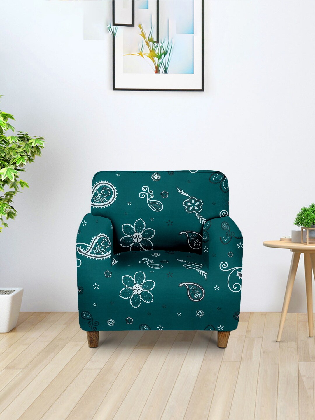 

Cortina Teal Green Printed Stretchable Single Seater Sofa Cover