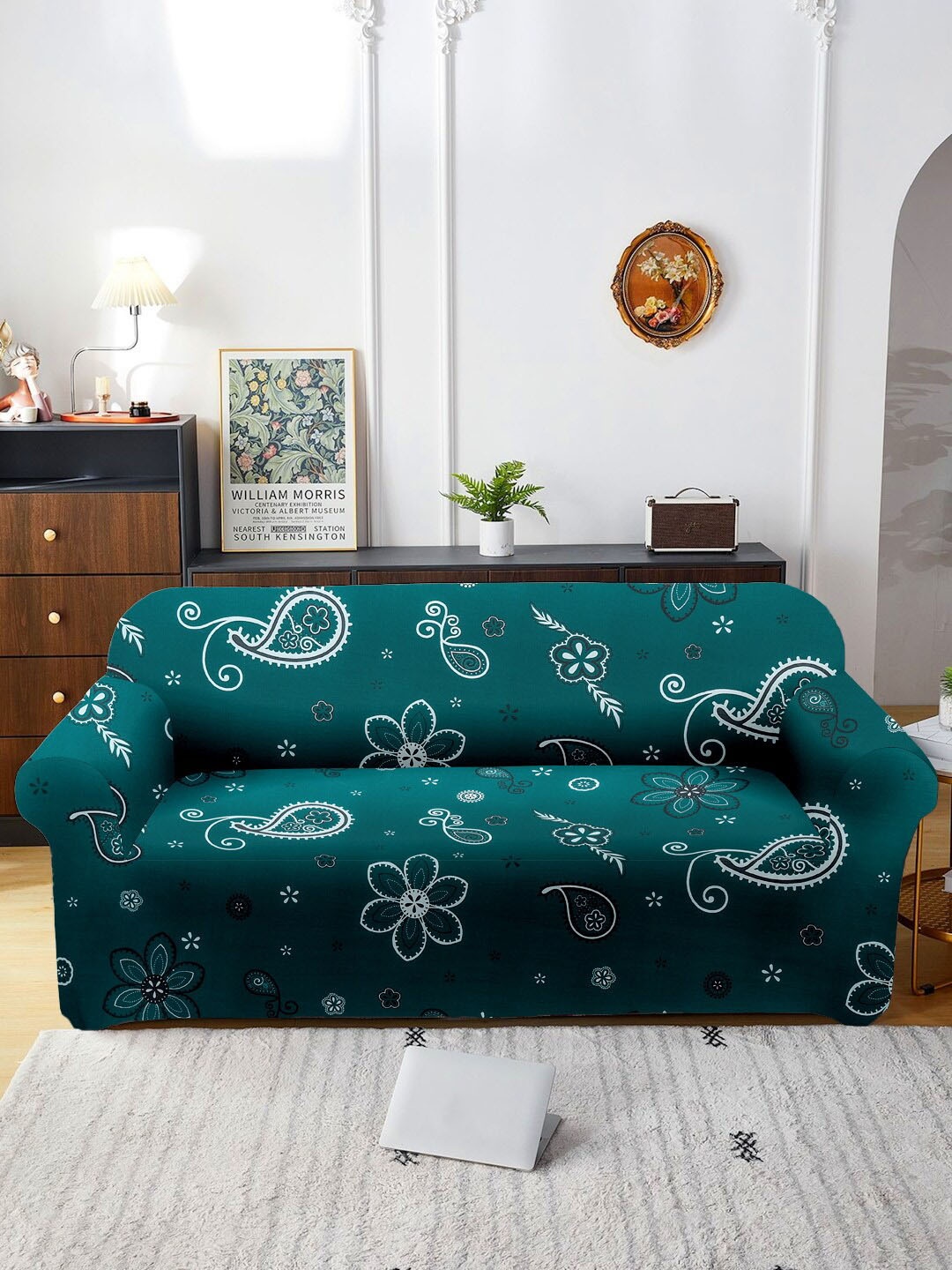 

Cortina Teal Green Printed Stretchable 3-Seater Sofa Cover