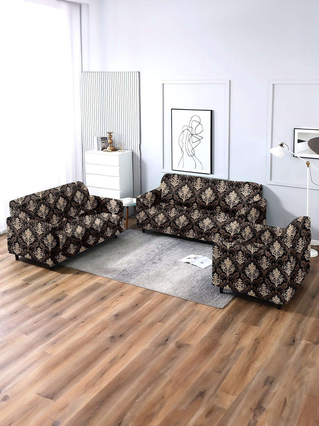

Cortina Brown 3-Pieces Printed One & Three Seater Skirt Sofa Covers