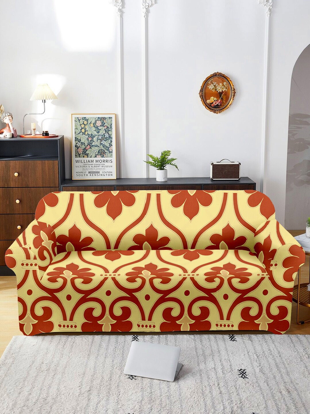 Cortina Yellow Printed Stretchable 3-Seater Sofa Cover