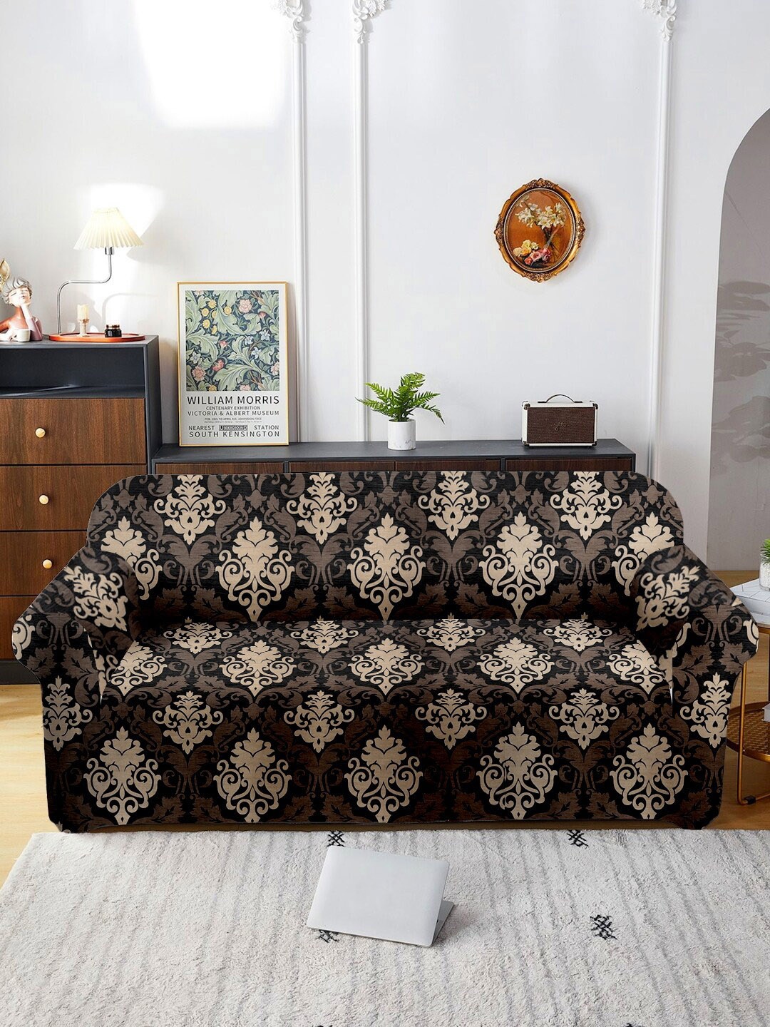 

Cortina Brown & Black Printed Stretchable 3-Seater Sofa Cover