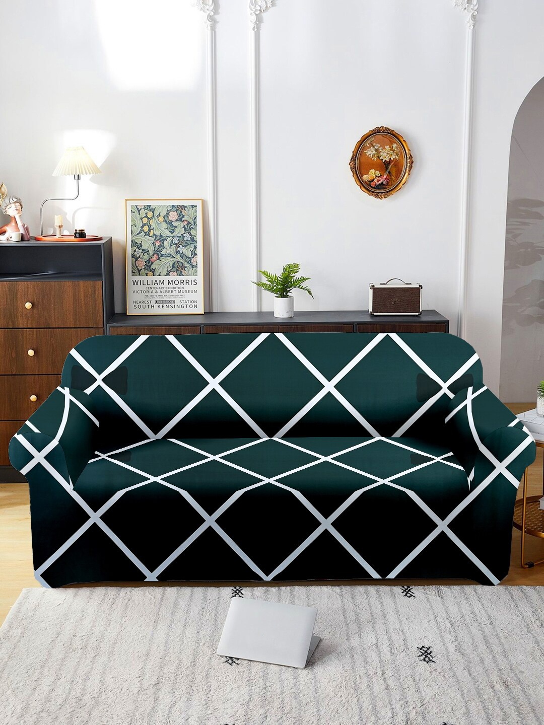 Cortina Green & White Printed Stretchable 2-Seater Sofa Cover