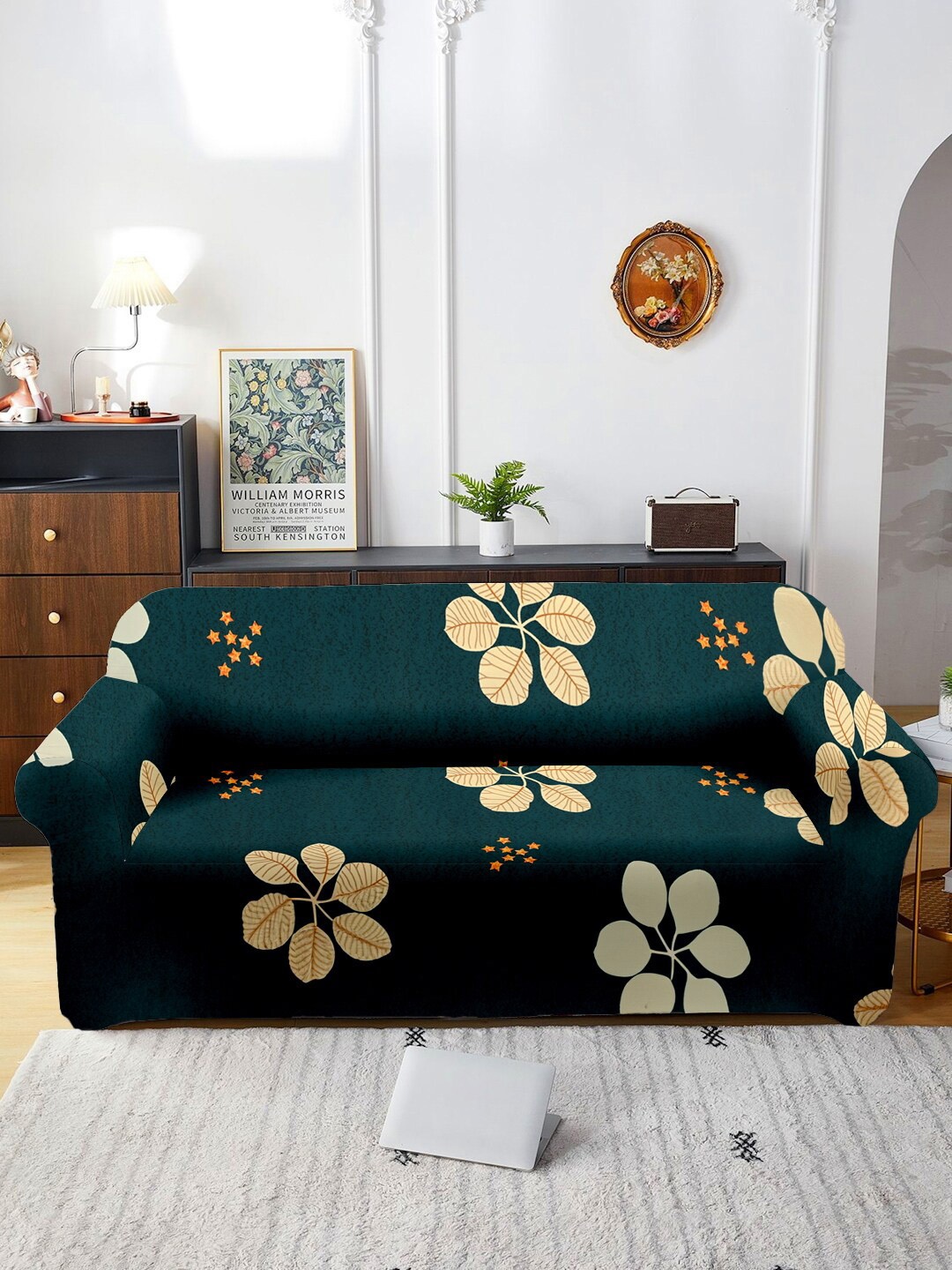 

Cortina Teal Green Floral Printed Stretchable 3-Seater Sofa Cover