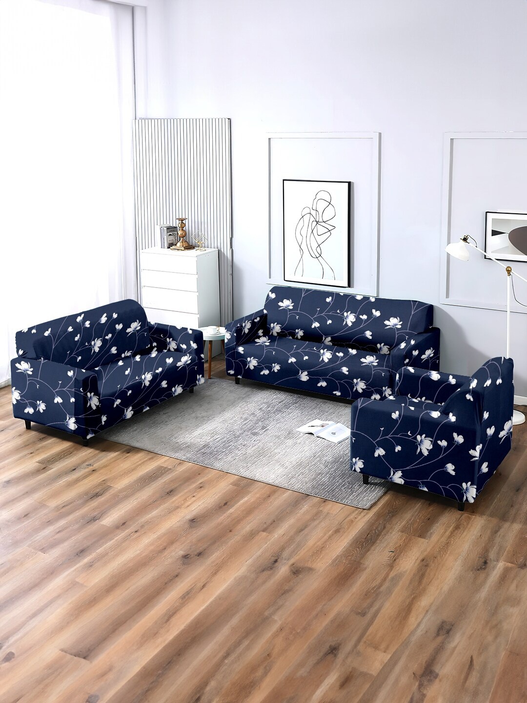 

Cortina Navy Blue 3 Pieces Printed One & Three Seater Skirt Sofa Covers