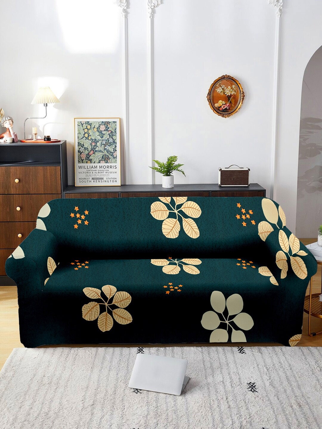 

Cortina Teal Green Floral Printed Stretchable 2-Seater Sofa Cover