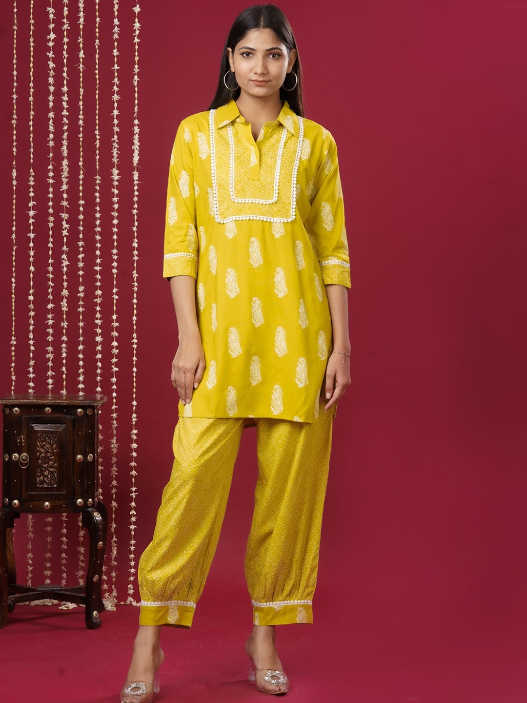 

mokshi Ethnic Motifs Printed Shirt Collar Kurta with Palazzo, Yellow