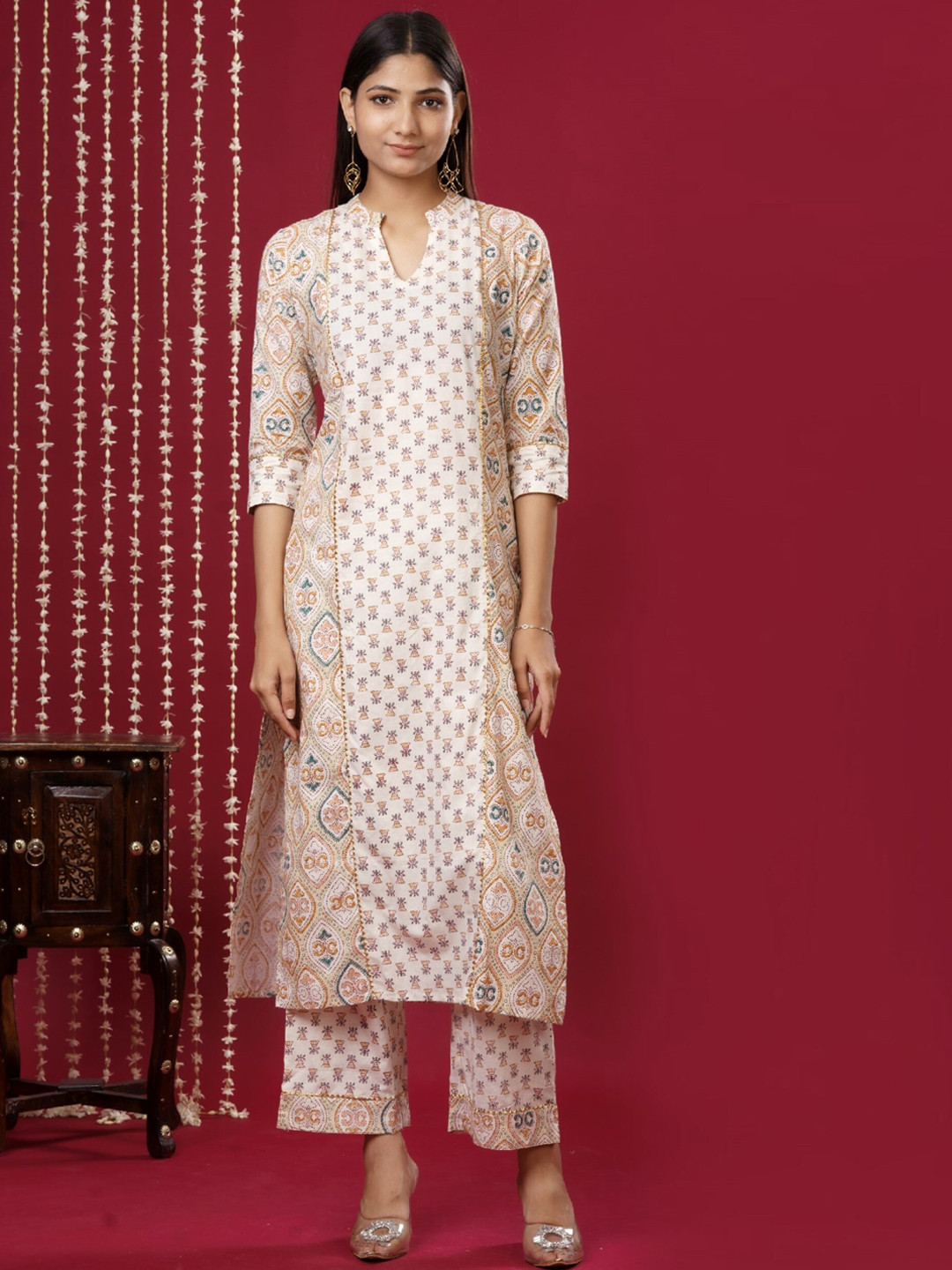 

mokshi Ethnic Motifs Printed Mandarin Collar Regular Kurta With Palazzo, Beige