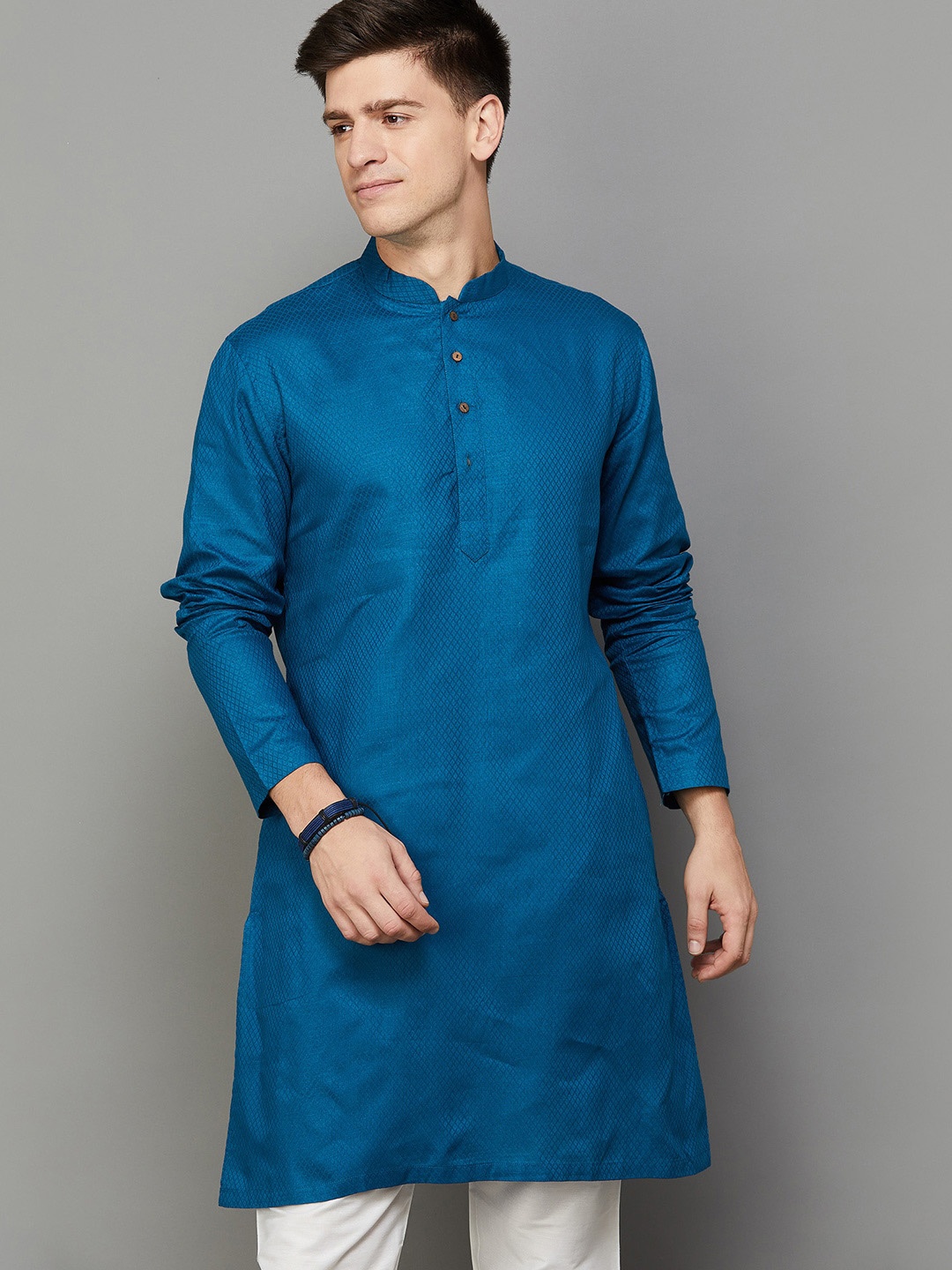 

Melange by Lifestyle Geometric Woven Design Mandarin Collar Cotton Straight Kurta, Teal