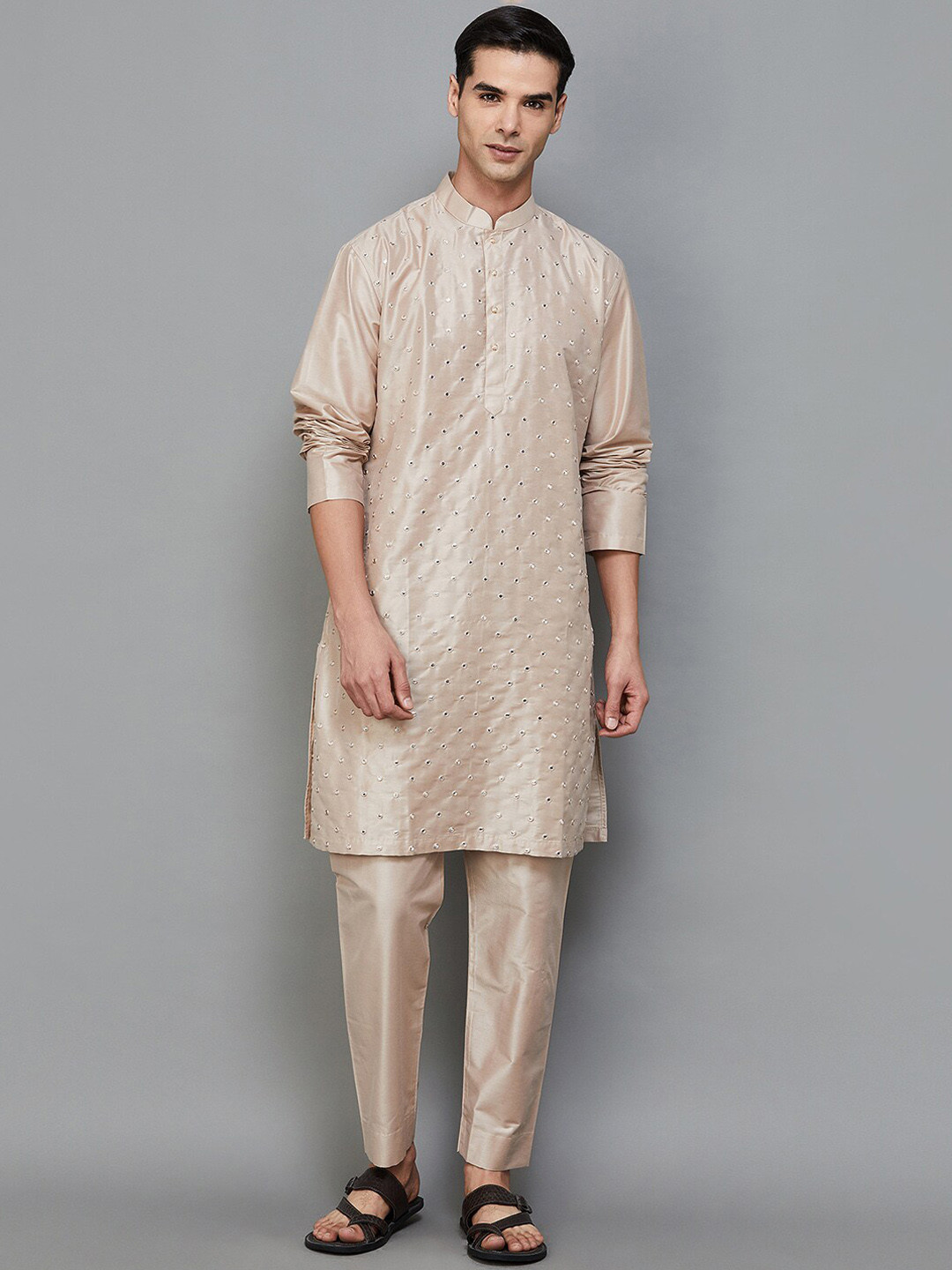 

Melange by Lifestyle Ethnic Embroidered Mandarin Collar Mirror Work Kurta with Pyjamas, Beige