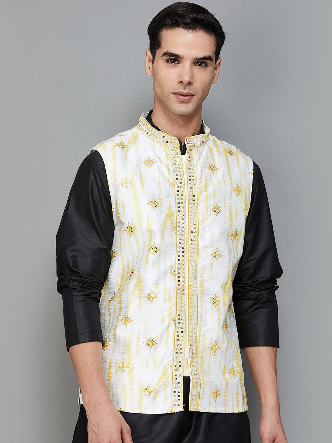 

Melange by Lifestyle Printed Mandarin Collar Nehru Jackets, Yellow