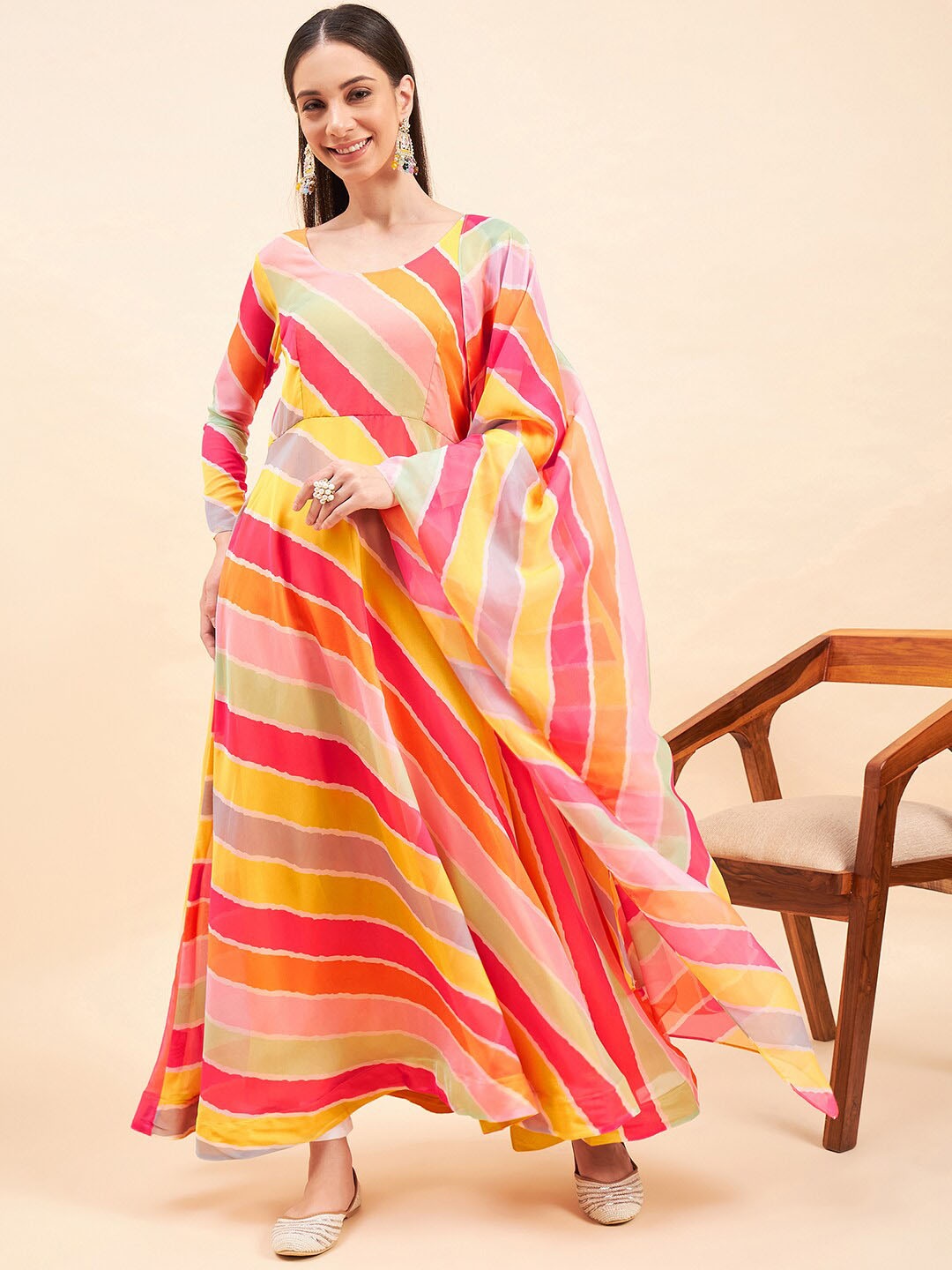 

KALINI Striped Maxi Dress With Dupatta, Peach