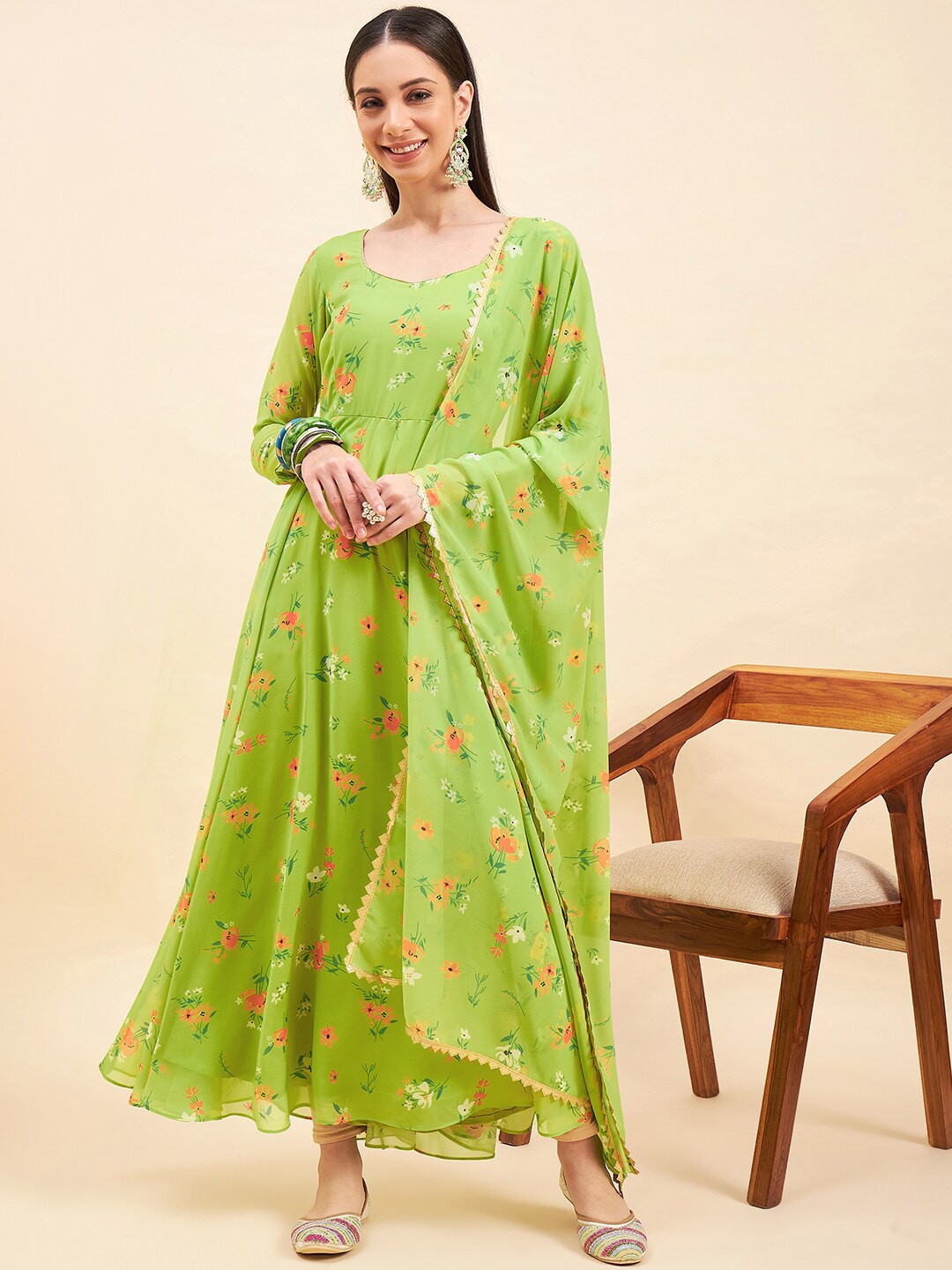 

KALINI Floral Printed Maxi Dress With Dupatta, Green