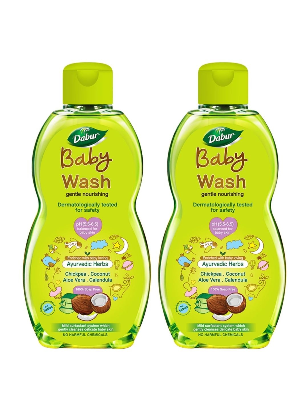 

Dabur Set of 2 Gentle Nourishing Tear-Free Formula Baby Wash with Aloevera - 200 ml each, Lime green