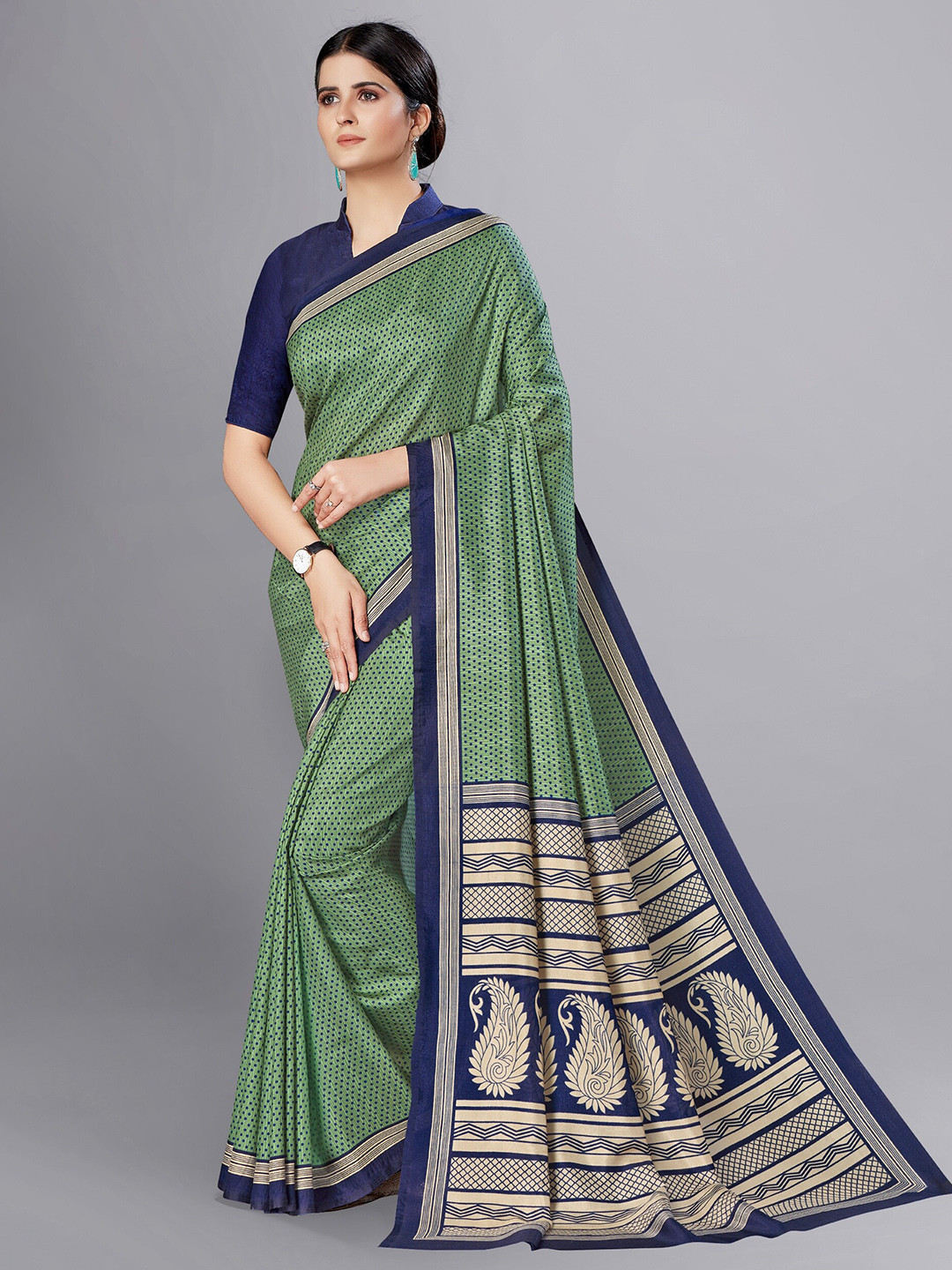 

VIMLA Polka Dots Printed Art Silk Mysore Silk Saree, Green