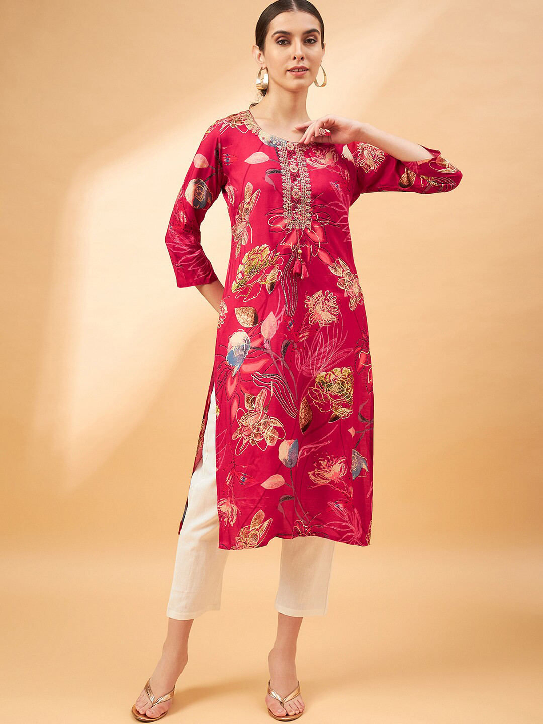 

all about you Floral Printed Sequinned Straight Kurta with Trouser, Red