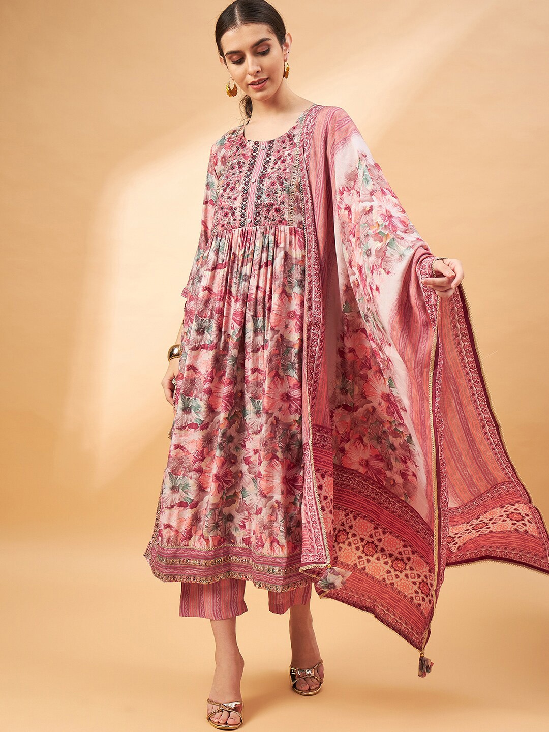 

all about you Floral Printed Pleated Thread Work Kurta with Trouser & Dupatta, Pink