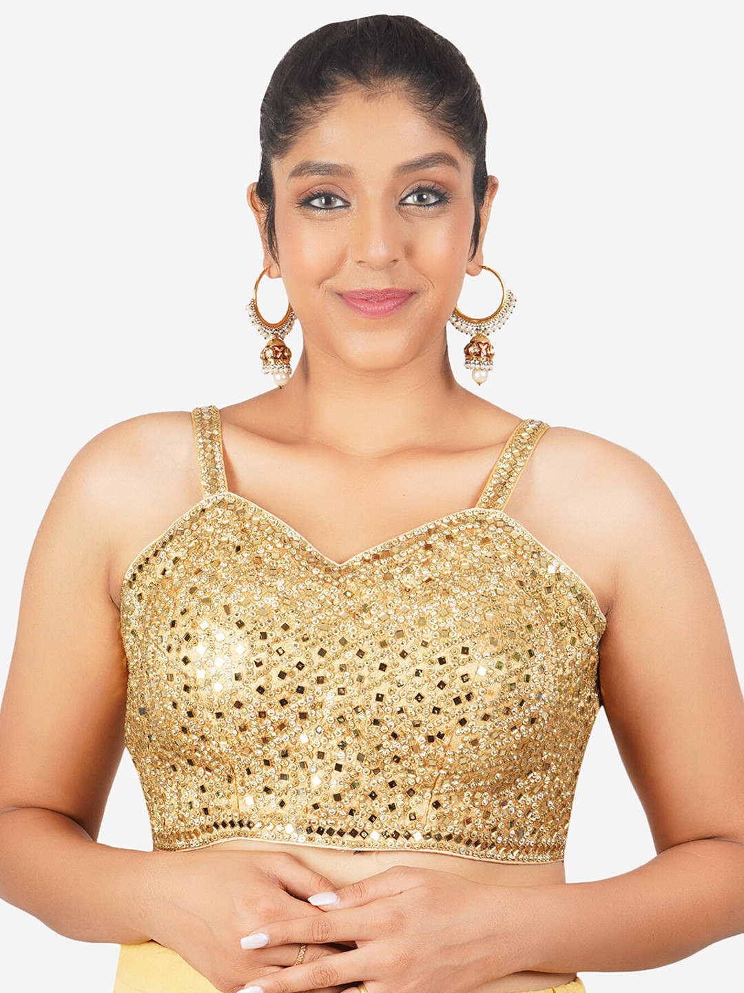 

Trendzmy Embroidered Sweetheart Neck Sleeveless Mirror Work Cotton Saree Blouse, Beige