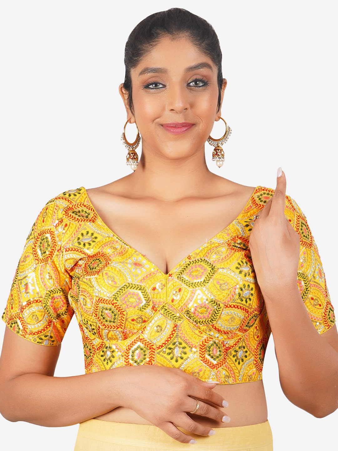 

Trendzmy Ethnic Motifs Embroidered Sequinned Cotton Readymade Saree Blouse, Yellow