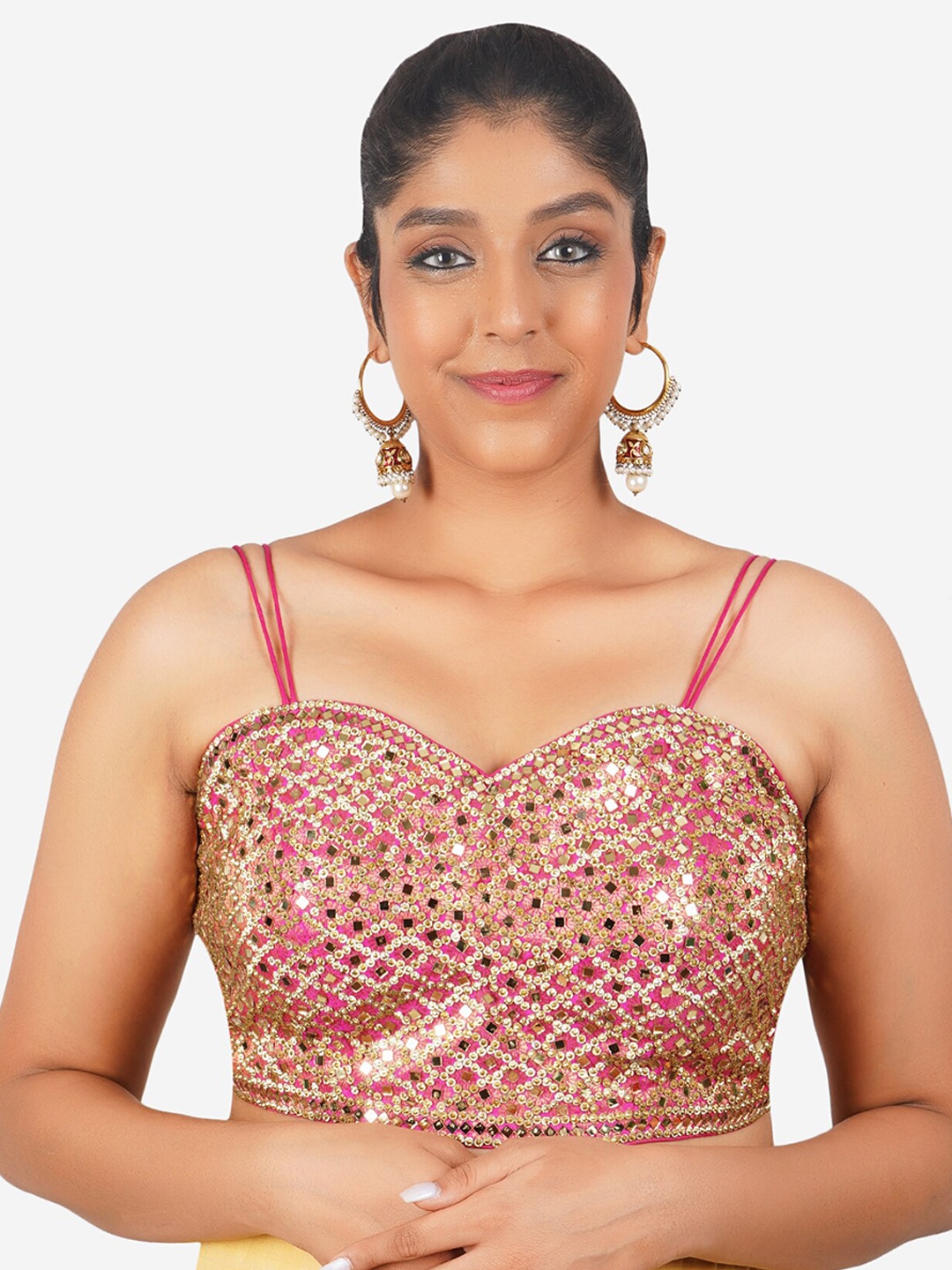 

Trendzmy Embroidered Cotton Mirror Work Saree Blouse, Pink