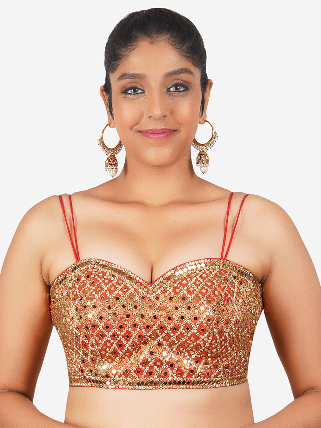 

Trendzmy Embroidered Mirror Work Shoulder Strapped Cotton Saree Blouse, Red