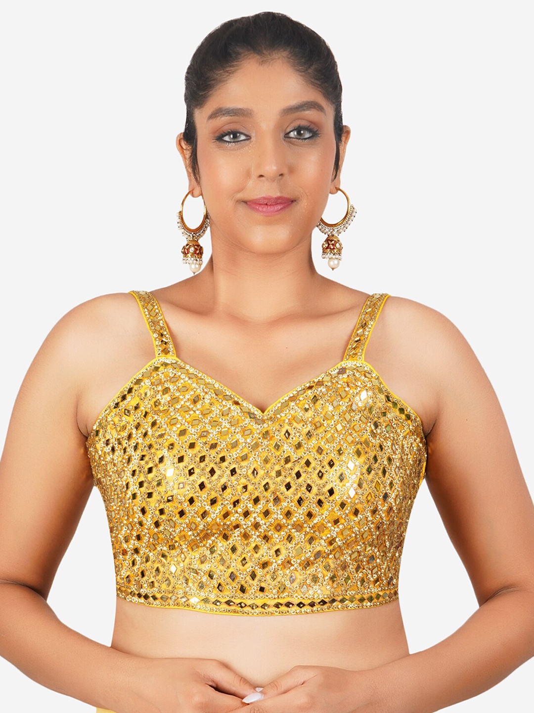 

Trendzmy Embroidered Sweetheart Neck Sleeveless Mirror Work Cotton Saree Blouse, Yellow