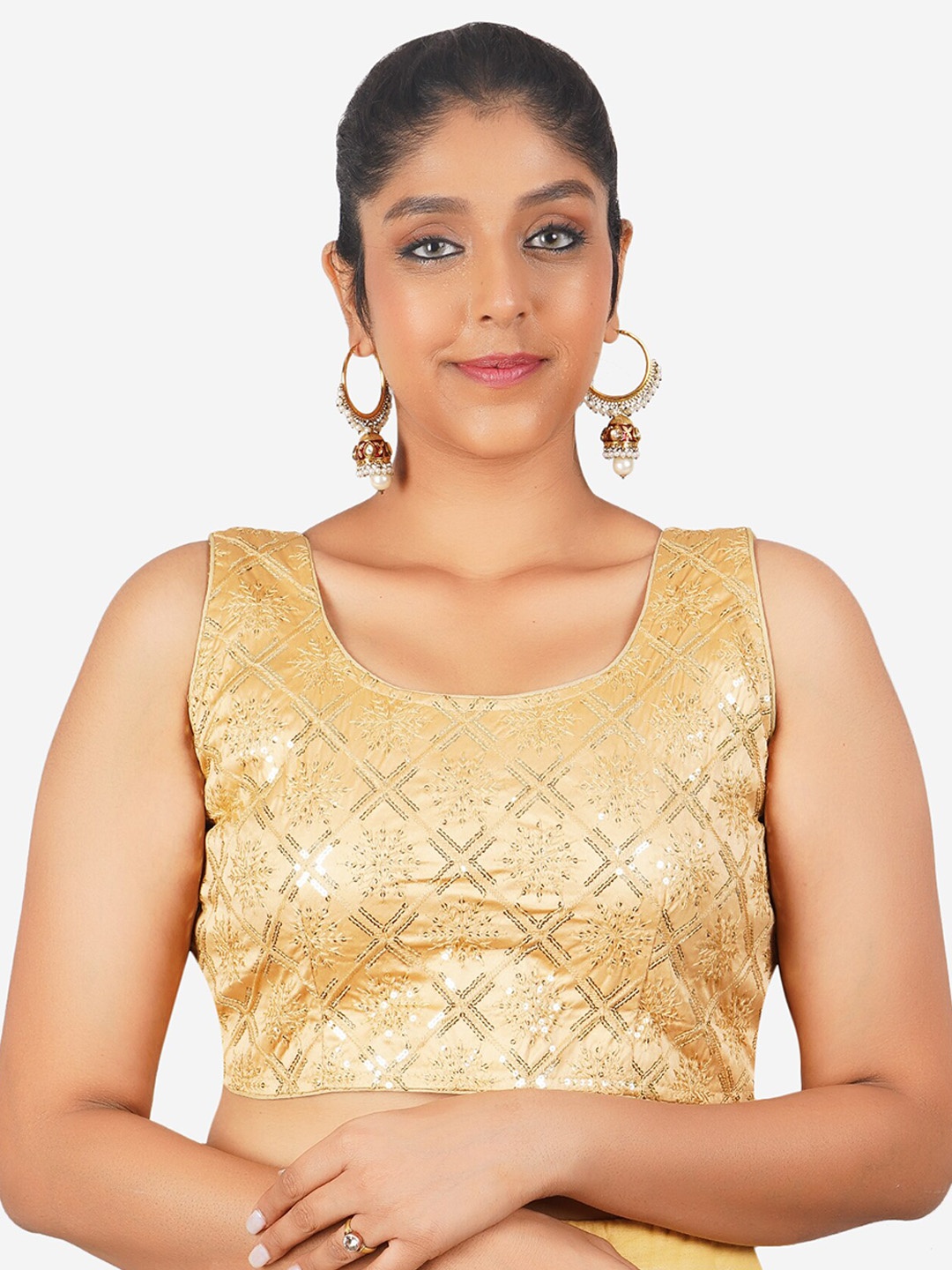 

Trendzmy Embroidered Sequinned Cotton Readymade Saree Blouse, Beige