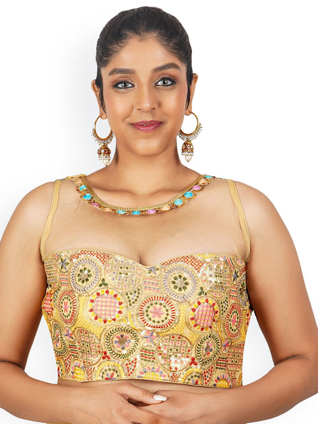 

Trendzmy Embroidered Mirror Work Shoulder Strapped Cotton Saree Blouse, Beige