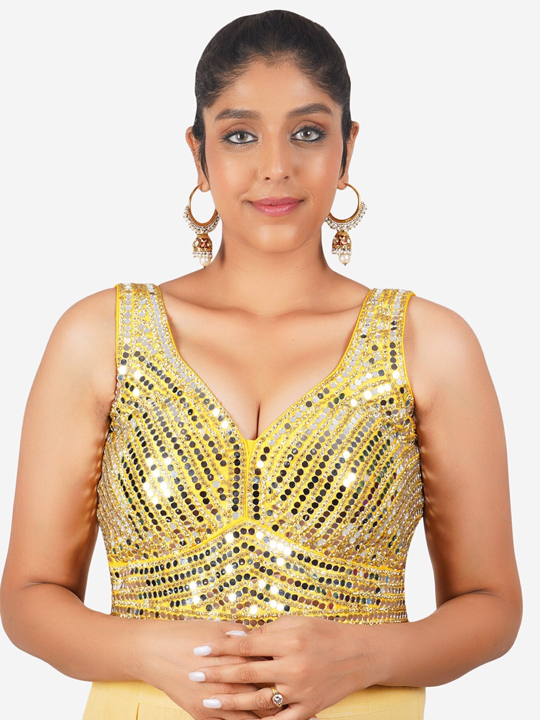 

Trendzmy Embroidered V-Neck Sleeveless Heavy Mirror Work Cotton Saree Blouse, Yellow