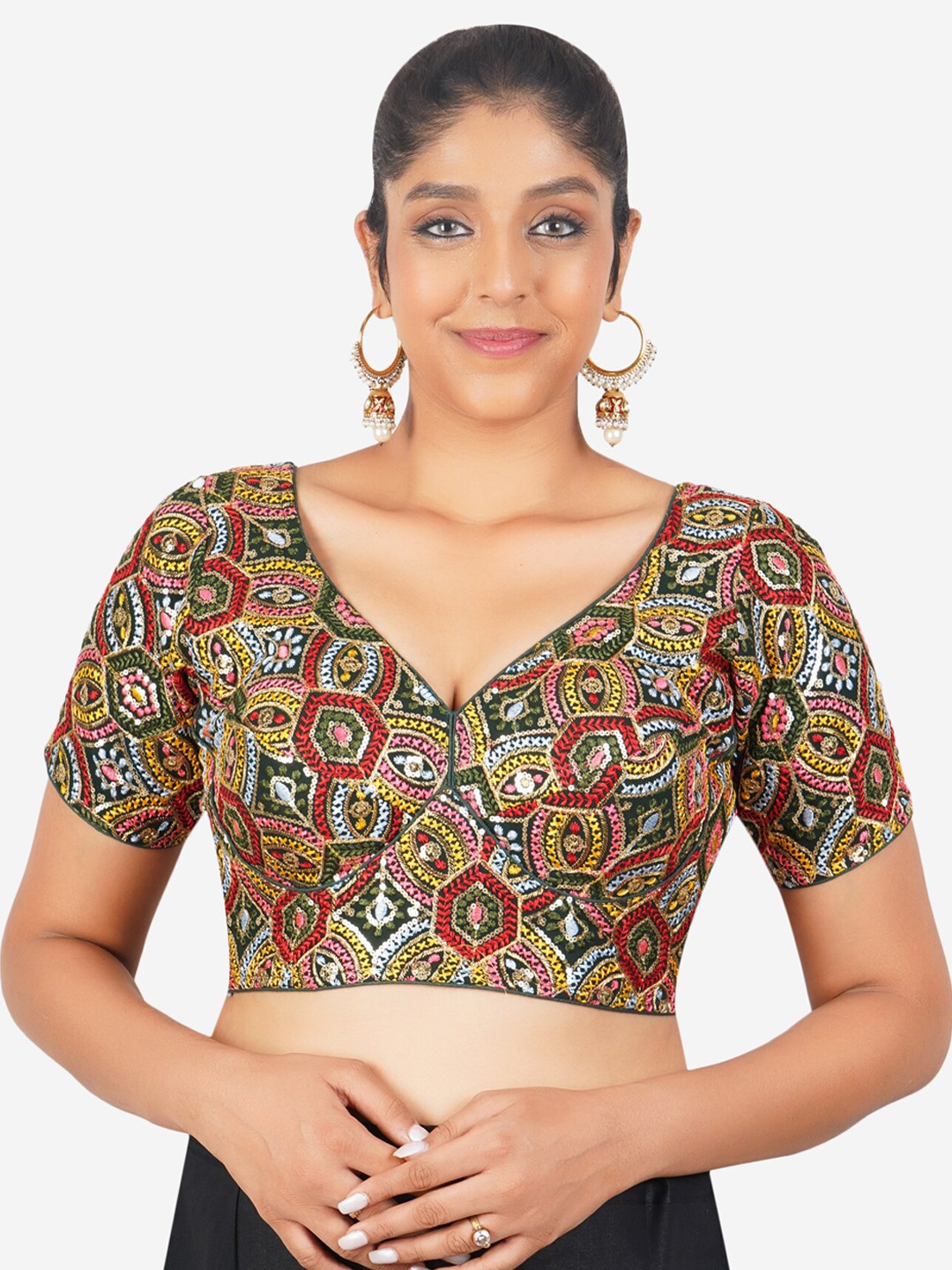 

Trendzmy Embroidered Cotton Sequinned Readymade Saree Blouse, Green