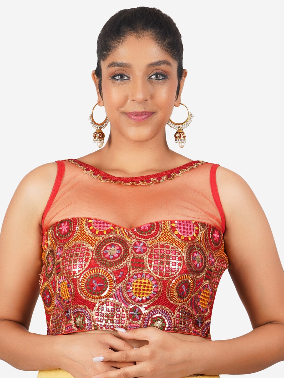 

Trendzmy Embroidered Sequinned Cotton Readymade Saree Blouse, Red