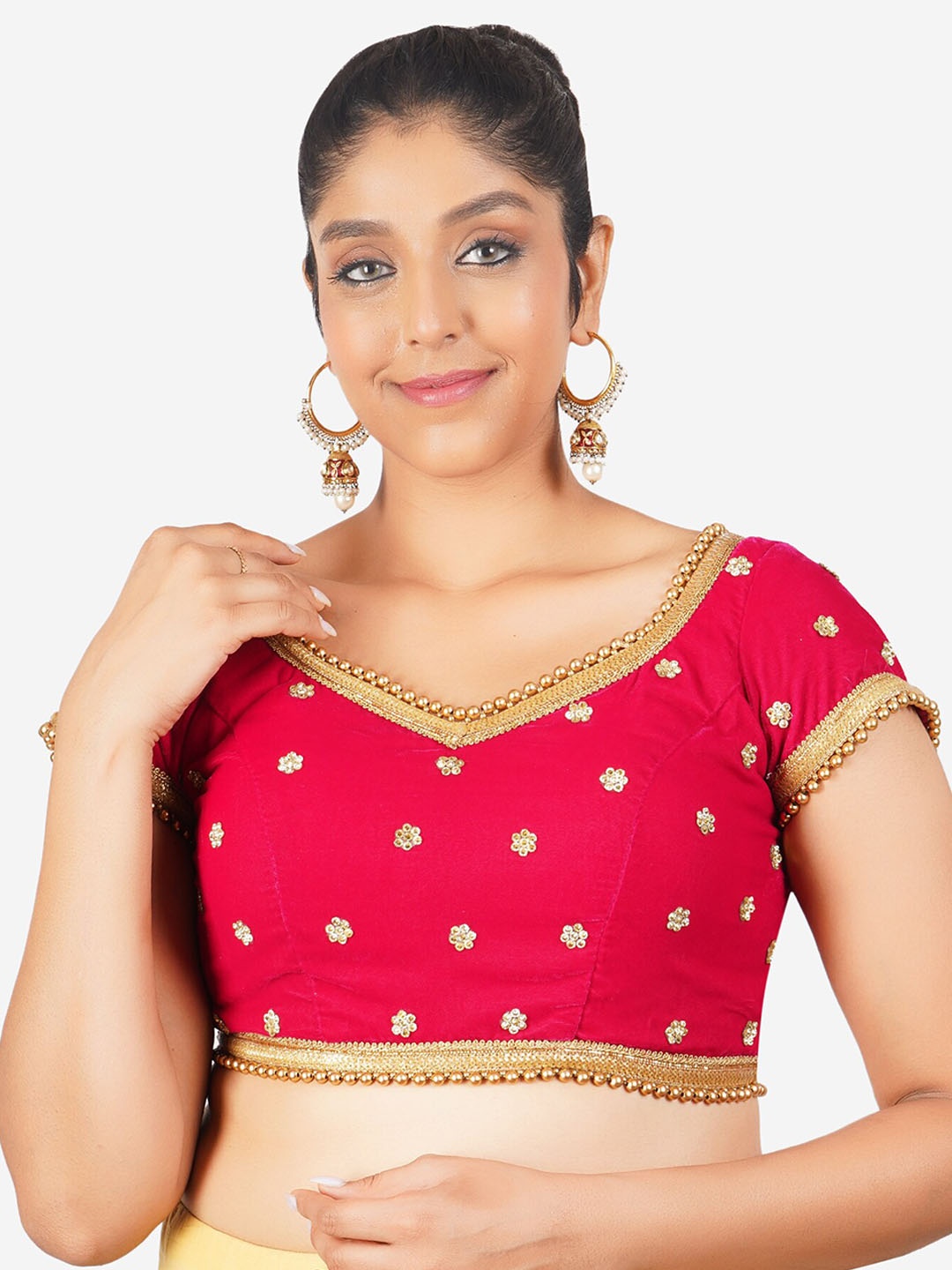 

Trendzmy Embroidered Beads & Stones Velvet Readymade Saree Blouse, Pink