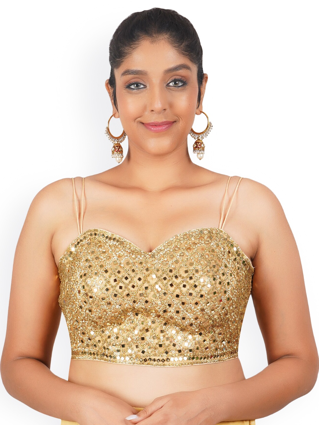 

Trendzmy Embroidered Sweetheart Neck Sleeveless Mirror Work Cotton Saree Blouse, Beige